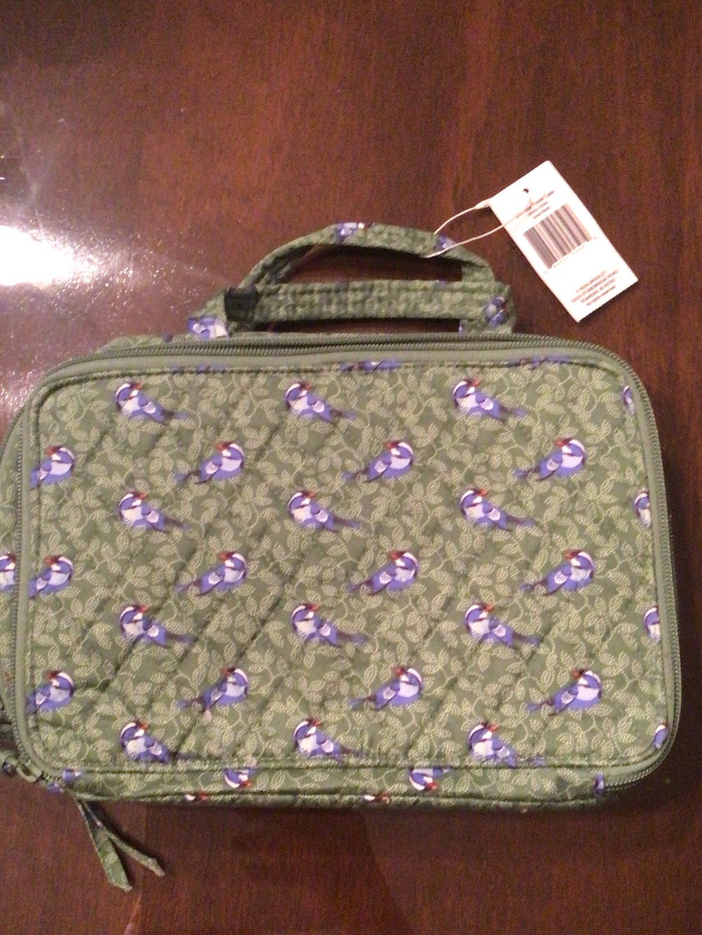 Vera Bradley Green Quilted Cosmetic Case with Purple Bird Pattern